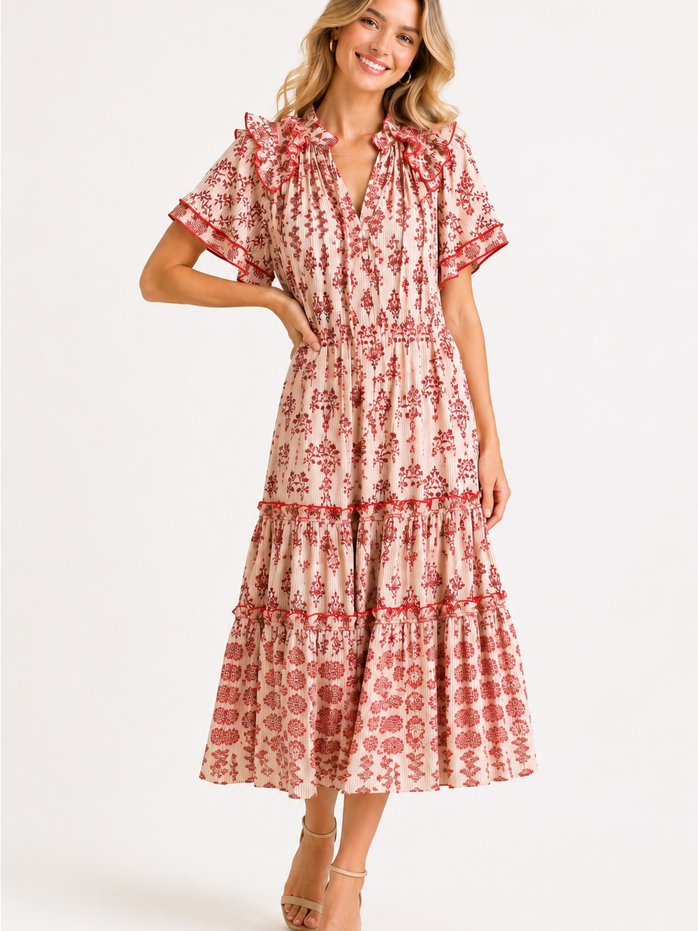 Hunter Bell New York Printed Ruffle Trim Midi Dress XS